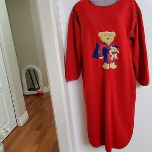 Vtg Womens Red Fleece Nightiewith Bear Design Sz Large